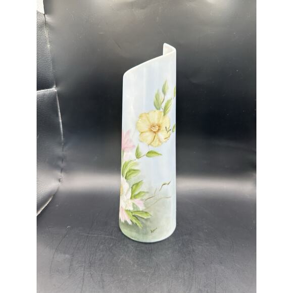 Vintage Japanese Sakura Modern Wave Porcelain Vase Floral Design Mid Cent 10" - Picture 4 of 9